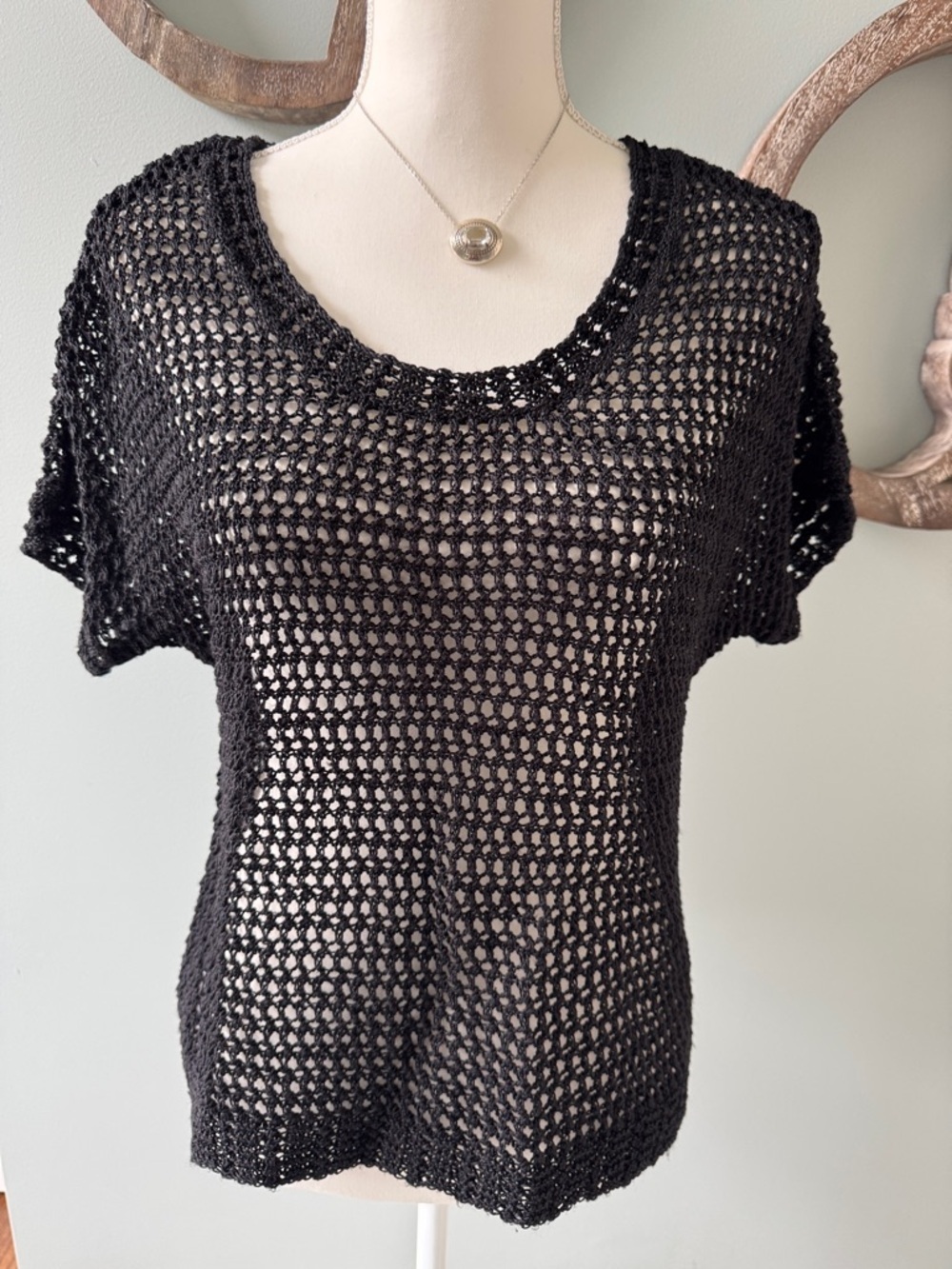 NIC+ZOE Black Open-Weave Short Sleeve Top